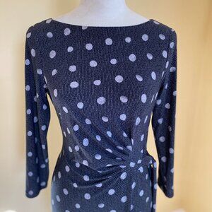 CHAPS, EUC, black polka dot long sleeve stretch faux wrap ruching dress, S